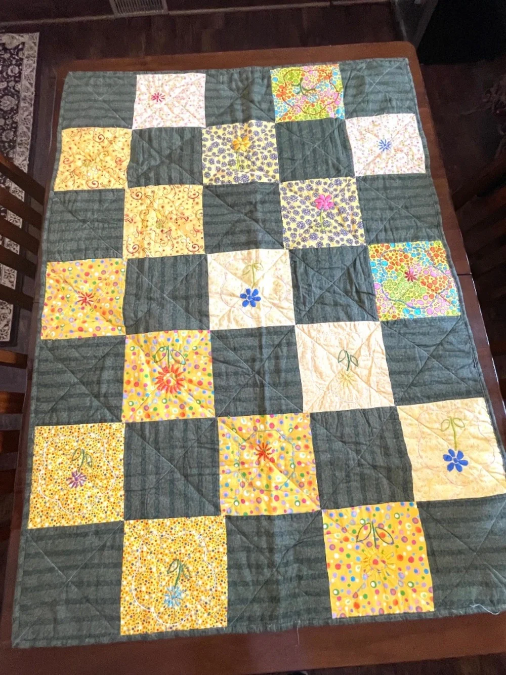 Handmade Quilt Whimsical Colorful Hand Embroidered Lap Child